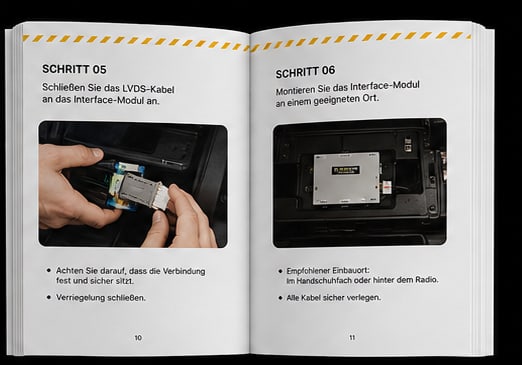 Aufgeschlagene bebilderte Einbauanleitung mit den Schritten 5 und 6