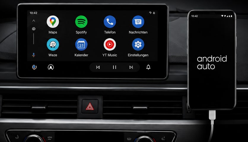 Audi-Cockpit mit Android Auto auf dem Fahrzeugdisplay und verbundenem Android-Smartphone