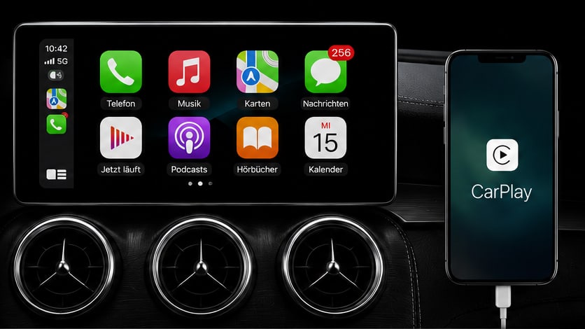 Mercedes-Cockpit mit Apple CarPlay auf dem Fahrzeugdisplay und verbundenem iPhone